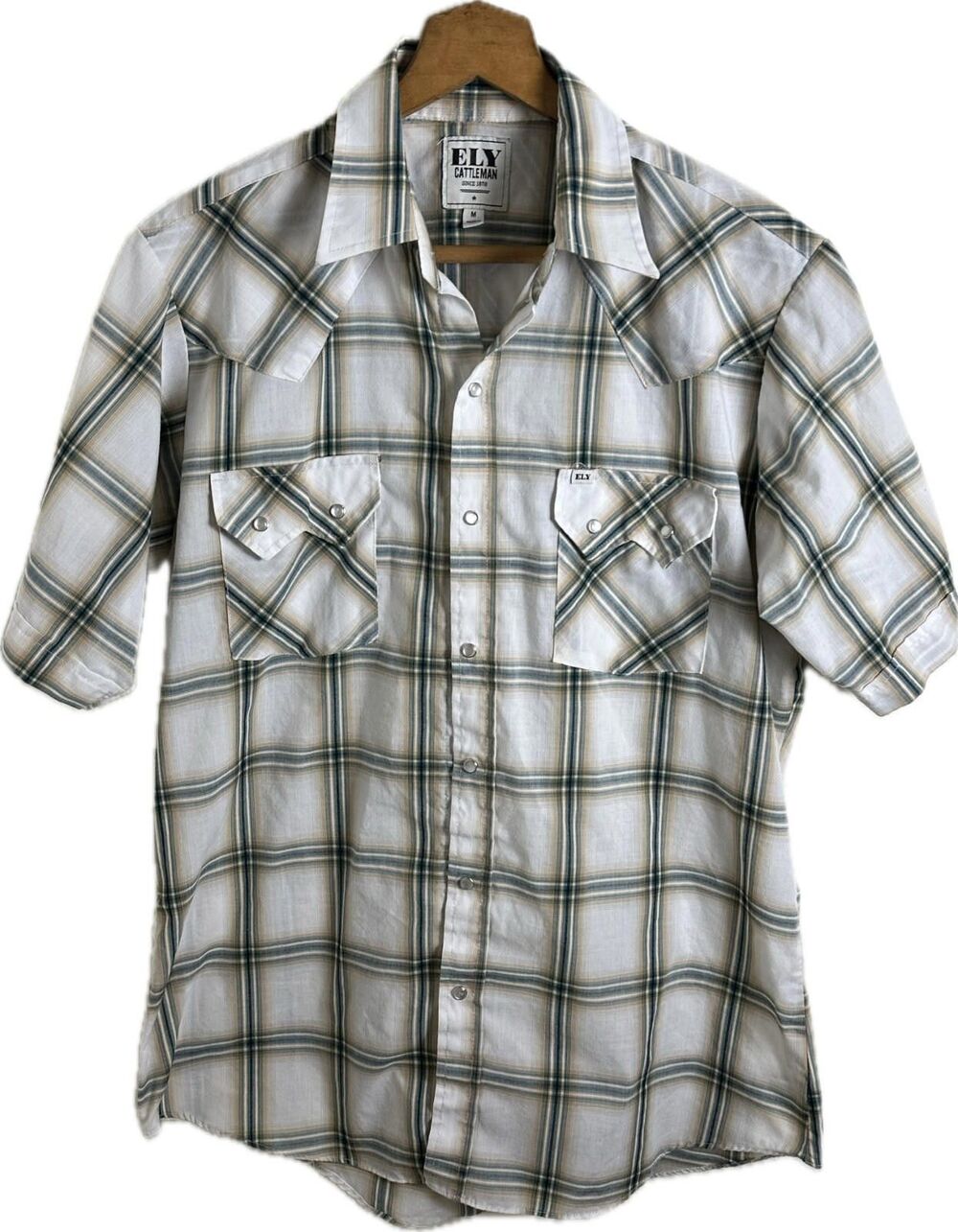 ELY Cattleman Men’s Medium Beige Green Plaid Pearl Snaps Western Shirt Cowboy